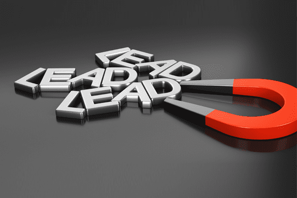 Graphic representing lead magnet with red magnet horseshoe and the word lead spelled out in metal three times