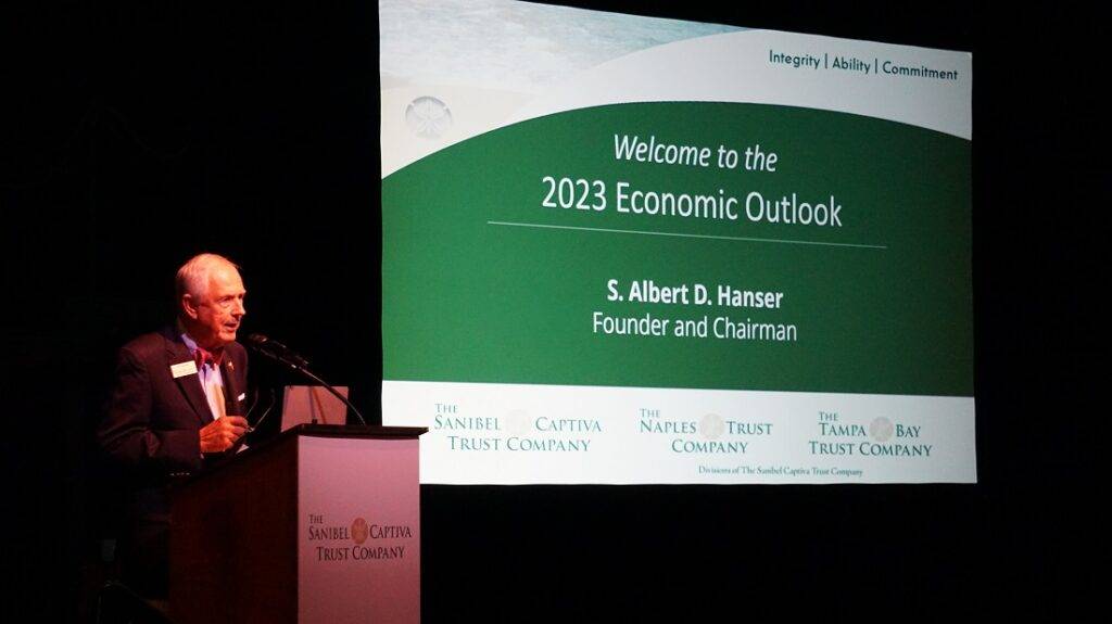 Albert Hanser speaks on stage during 2023 Economic Outlook event